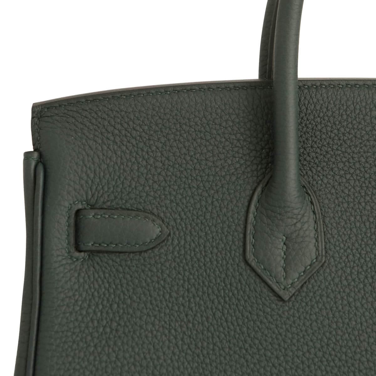 Hermes Birkin 25 togo vert cypress showing stitching on back of bag