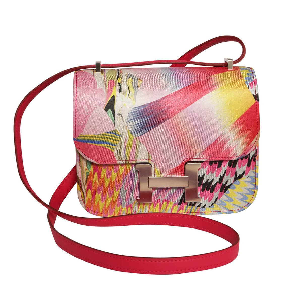 Hermes Constance silk print in fuchsia with silver hardware