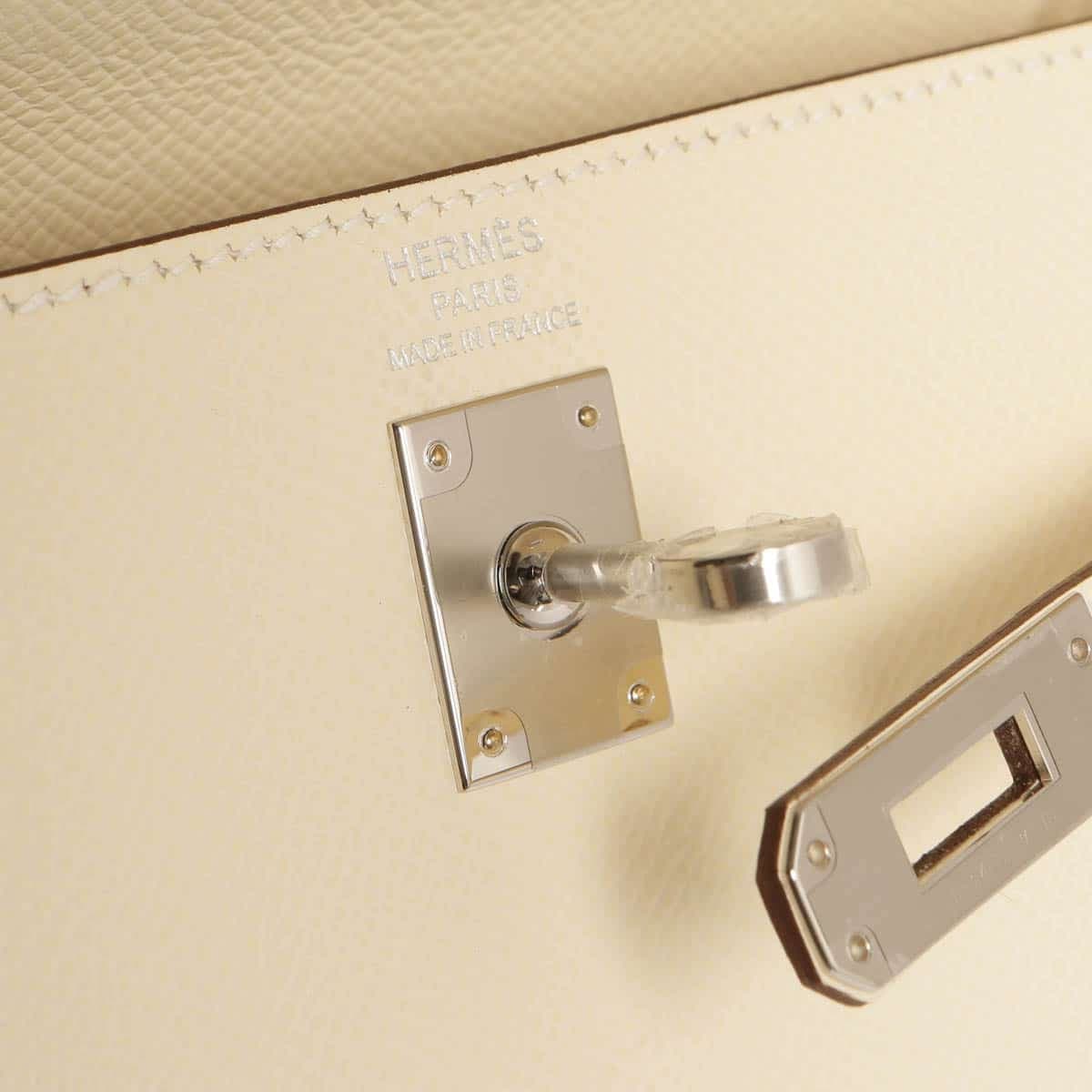 Hermes Kelly Sellier 25 epsom nata with silver plaque & touret