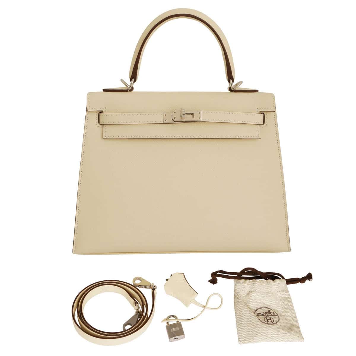 Hermes Kelly Sellier 25 epsom nata with silver hardware, strap, dust bag & clochette