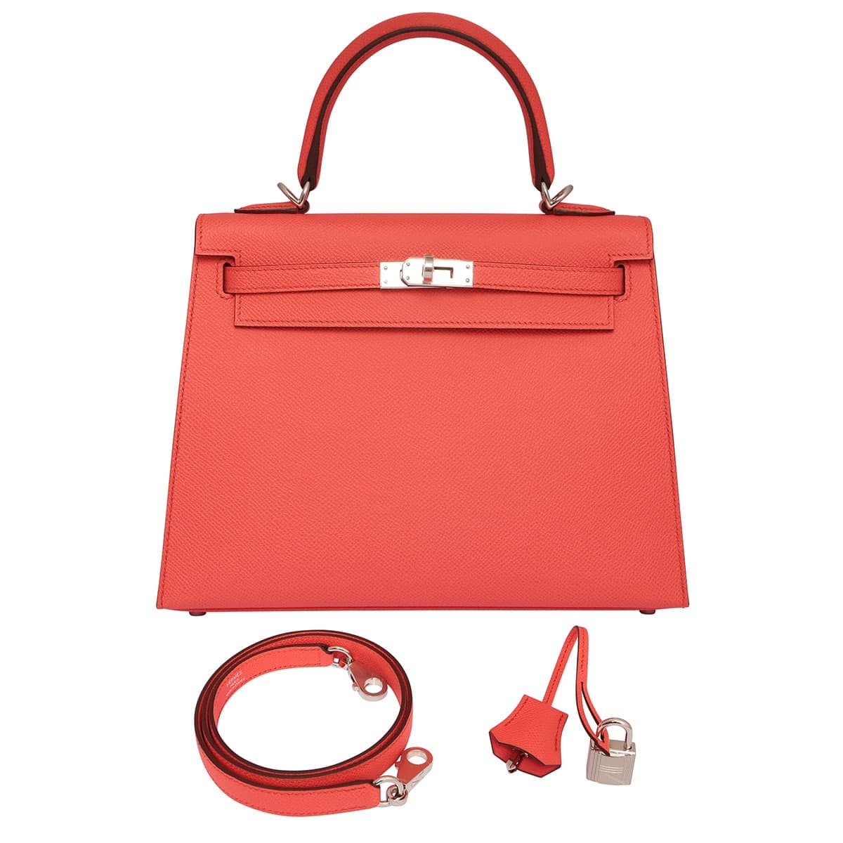 Hermes Kelly 25 handbag in Texas Rose colour with silver hardware.