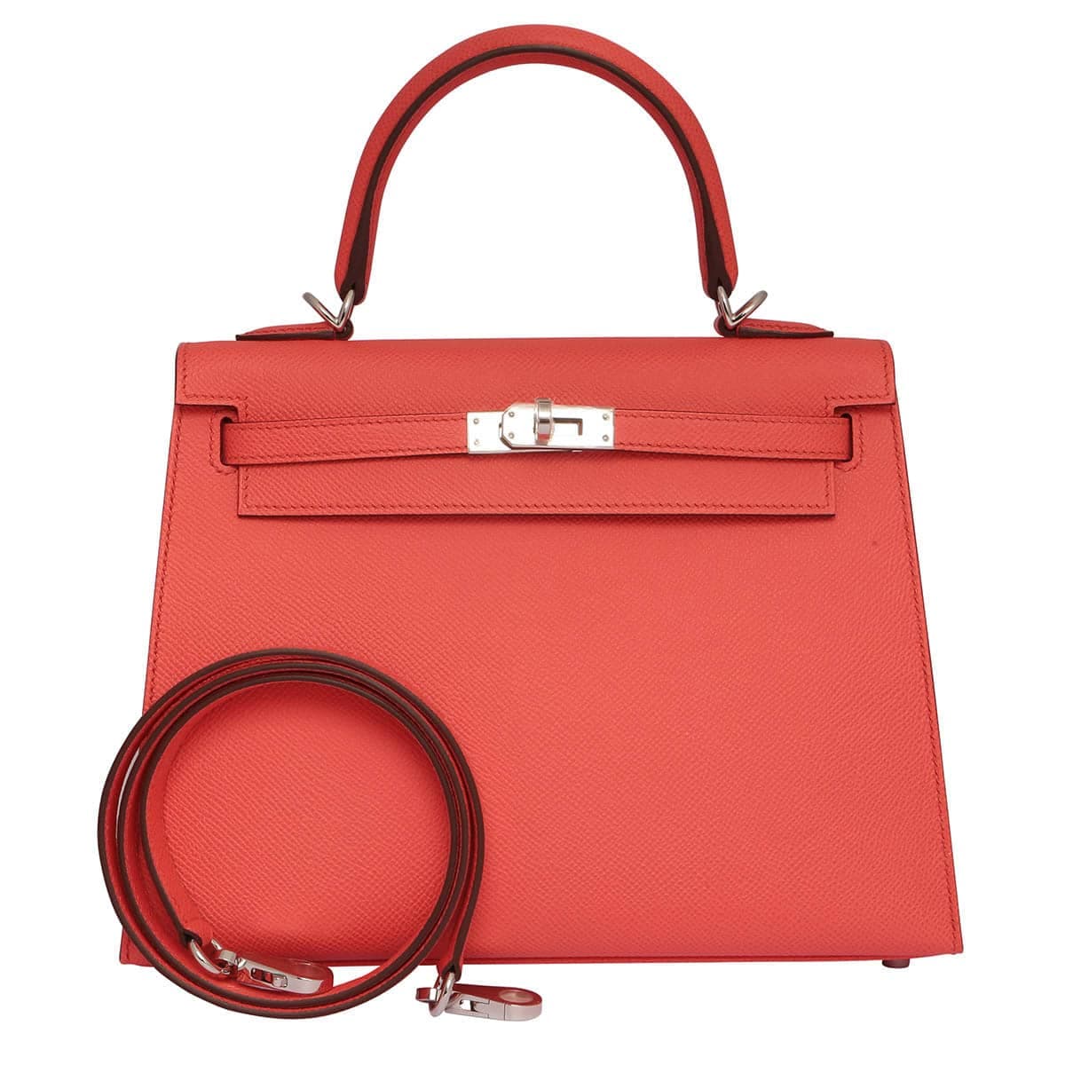 Hermes Kelly 25 handbag in Texas Rose colour with silver hardware.