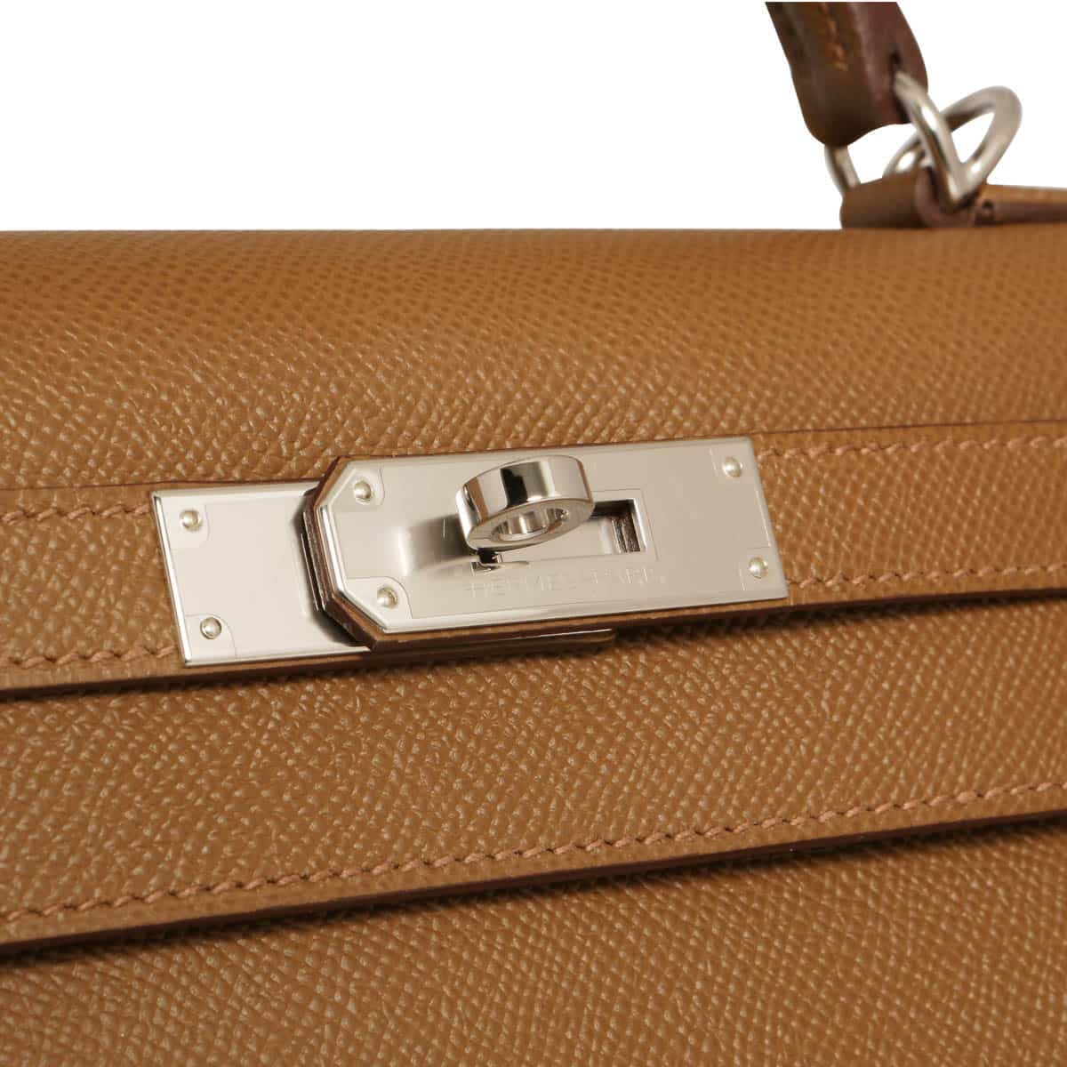 Hermes Kelly 28 epsom biscuit with silver plaque & touret