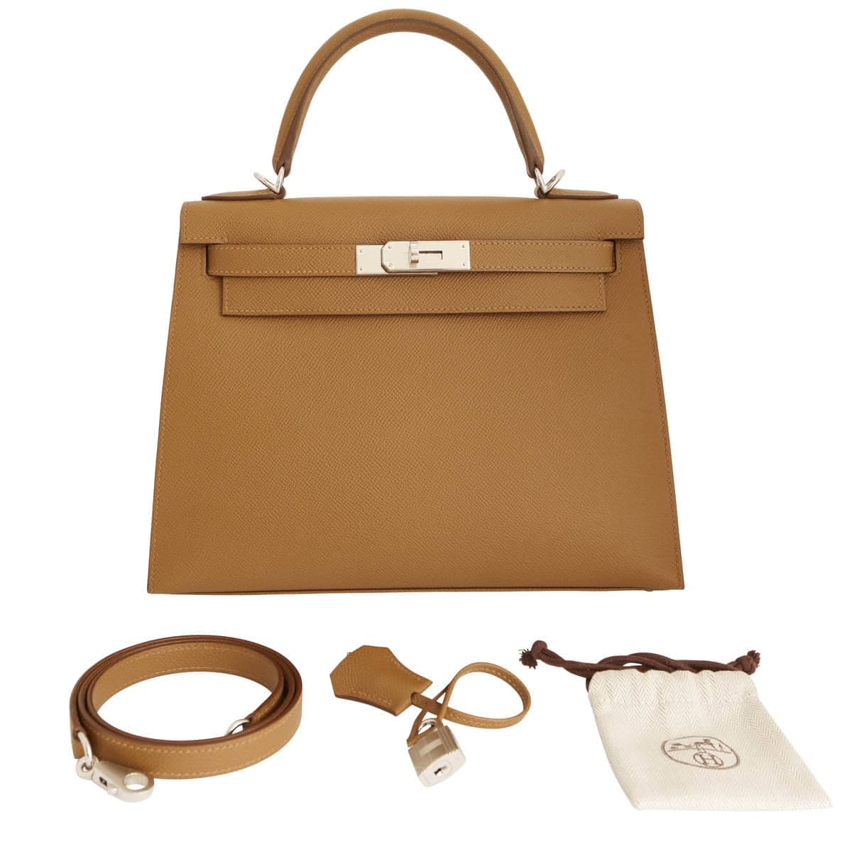 Hermes Kelly 28 epsom biscuit with palladium hardware, clochette, dust bag & strap