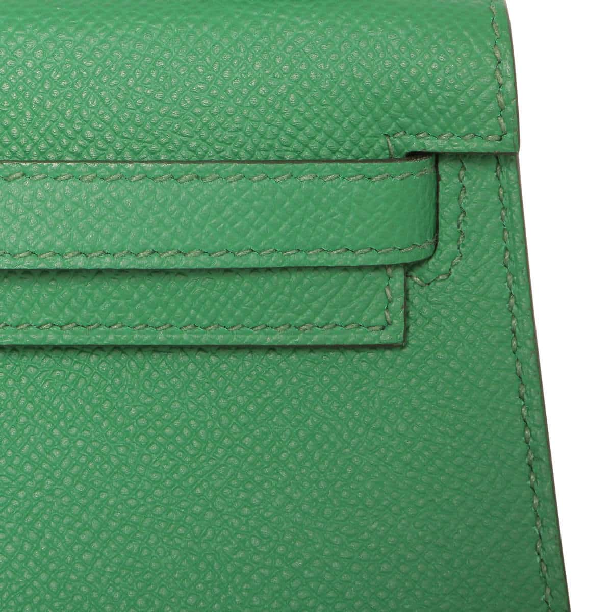 Hermes Kelly mini sellier in cactus green showing stitching details