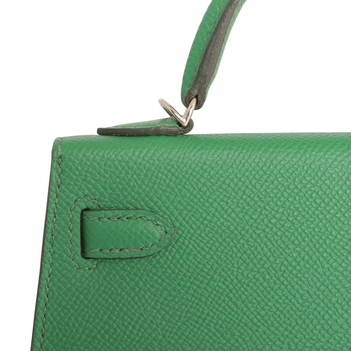 Hermes Kelly mini in cactus green showing detail sticking on back