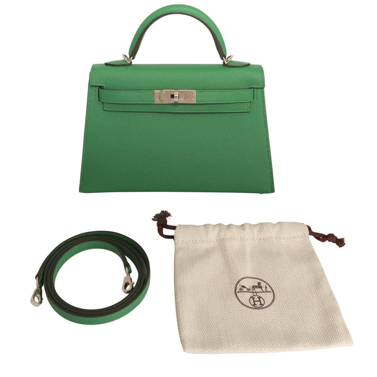Hermes Kelly mini in cactus green with shoulder strap & dust bag