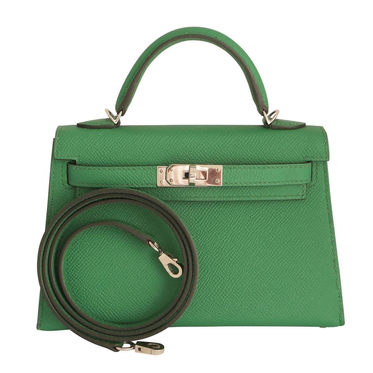 Hermes Kelly mini in cactus green with shoulder strap
