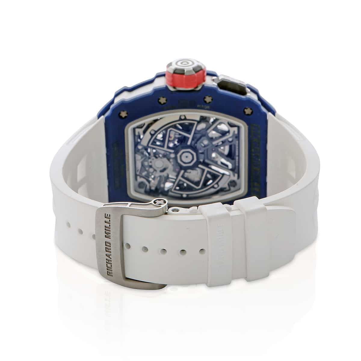 Richard mille RM35-03 blue quartz tpt skeleton dial white rubber strap back of watch