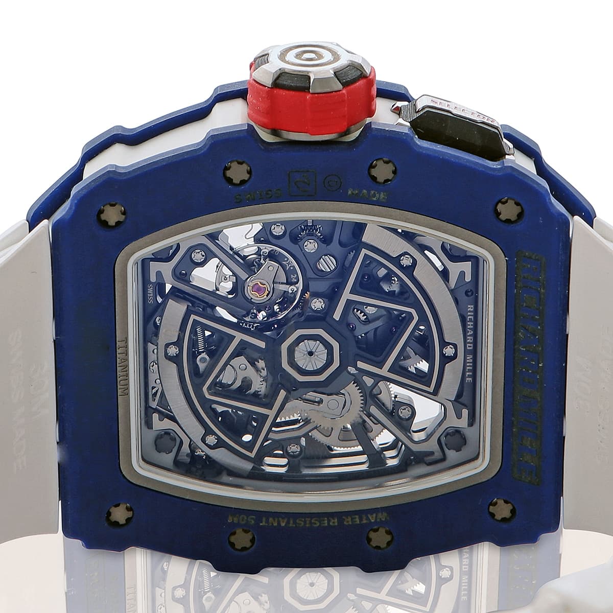 Richard mille RM35-03 blue quartz tpt skeleton dial white rubber strap close up of watch