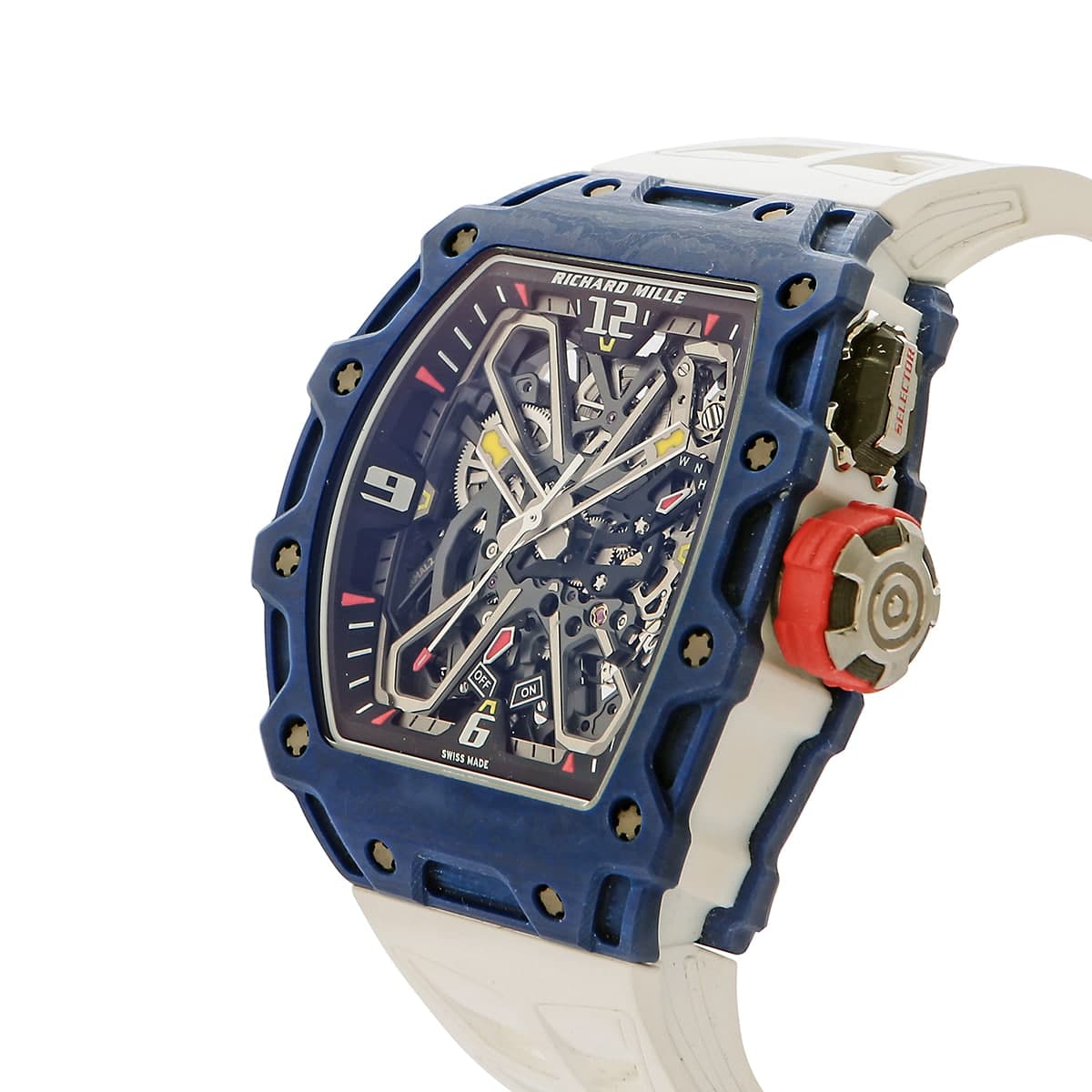Richard mille RM35-03 blue quartz tpt skeleton dial white rubber side of watch