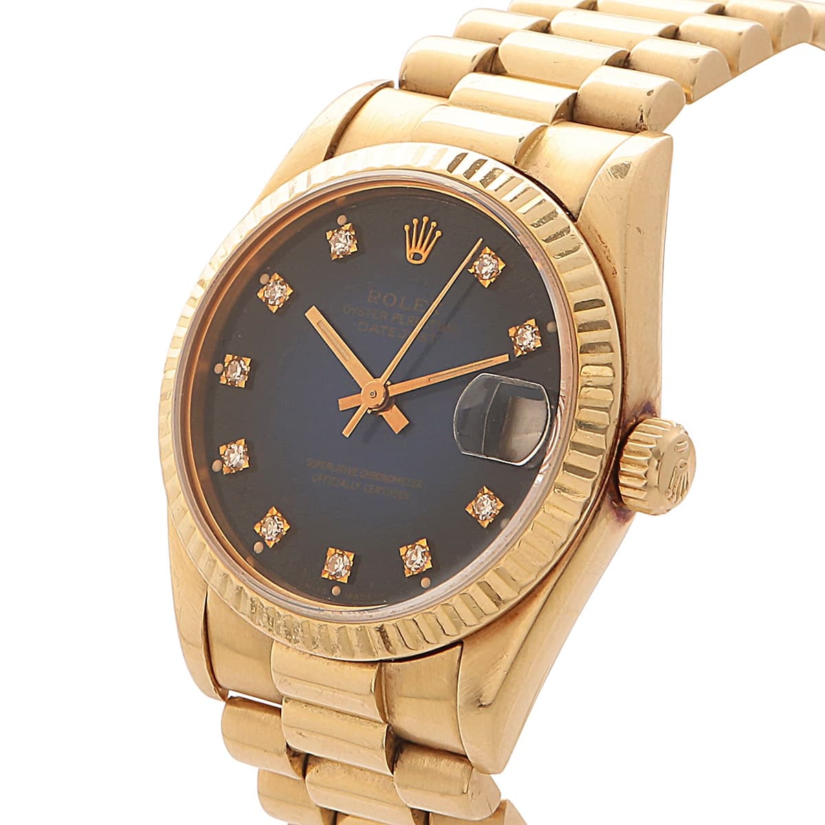 Rolex date just 31 mm 68278 yellow gold blue diamond dial side