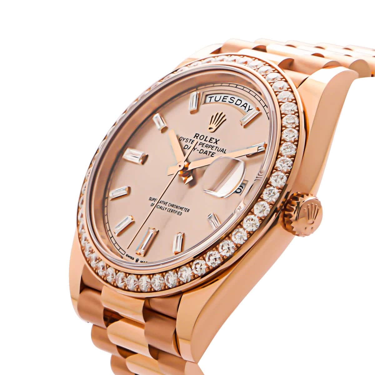 Rolex day date in rose gold with diamonds bezel