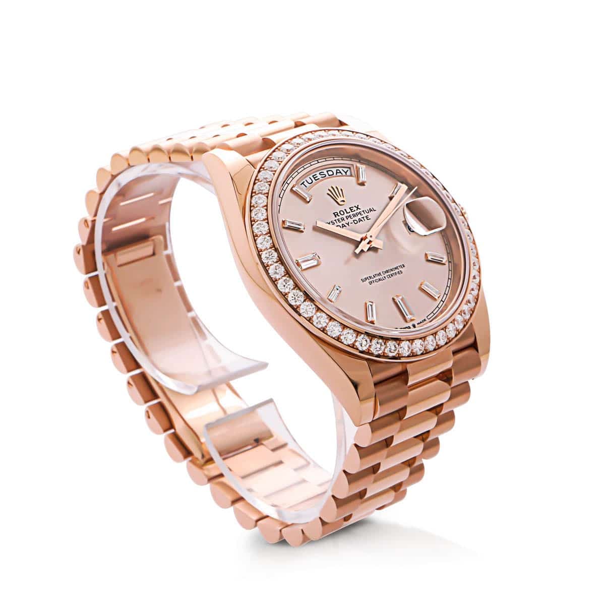 Rolex day date in rose gold with diamonds bezel