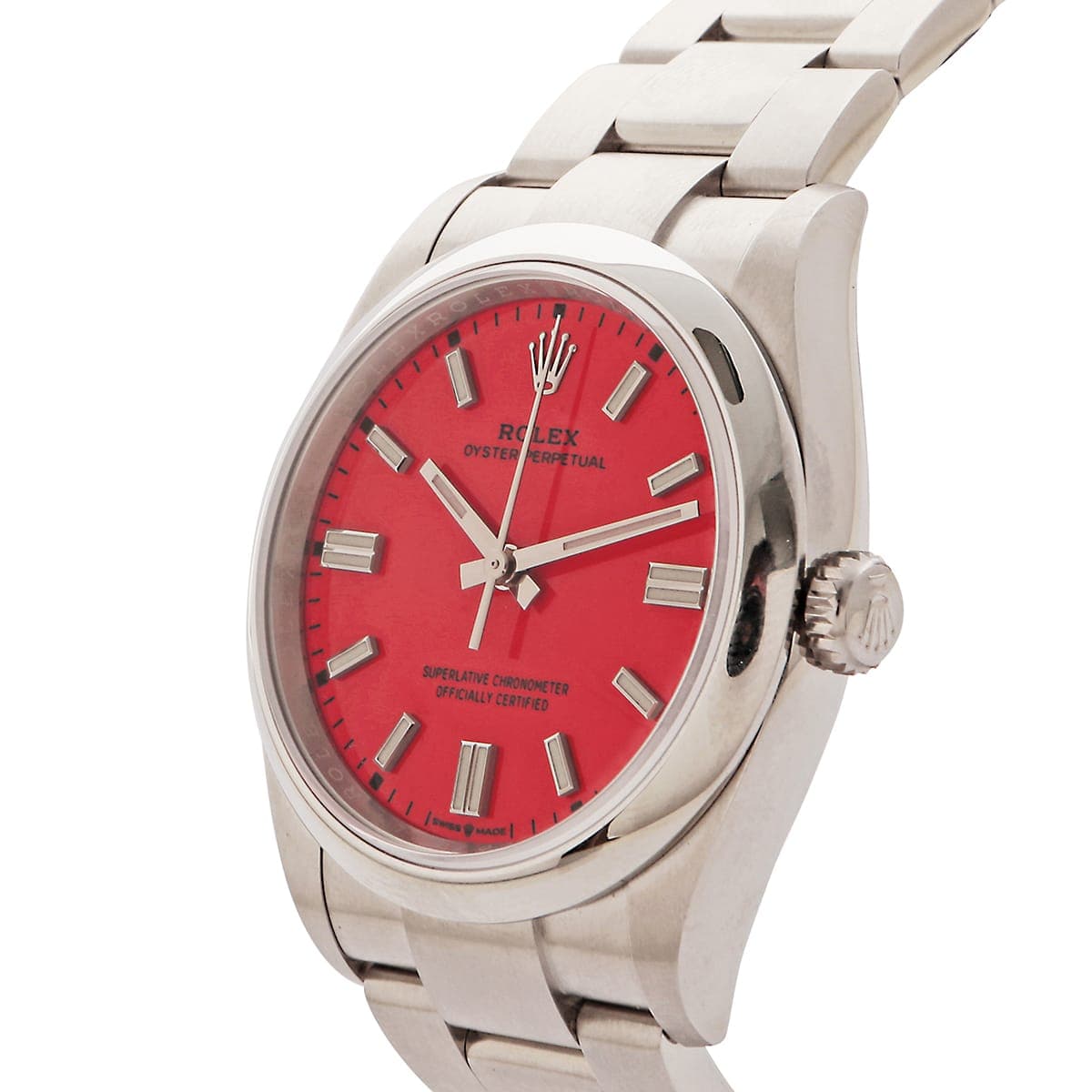Rolex Oyster Perpetual 126000 oystersteel red dial 36mm side of watch