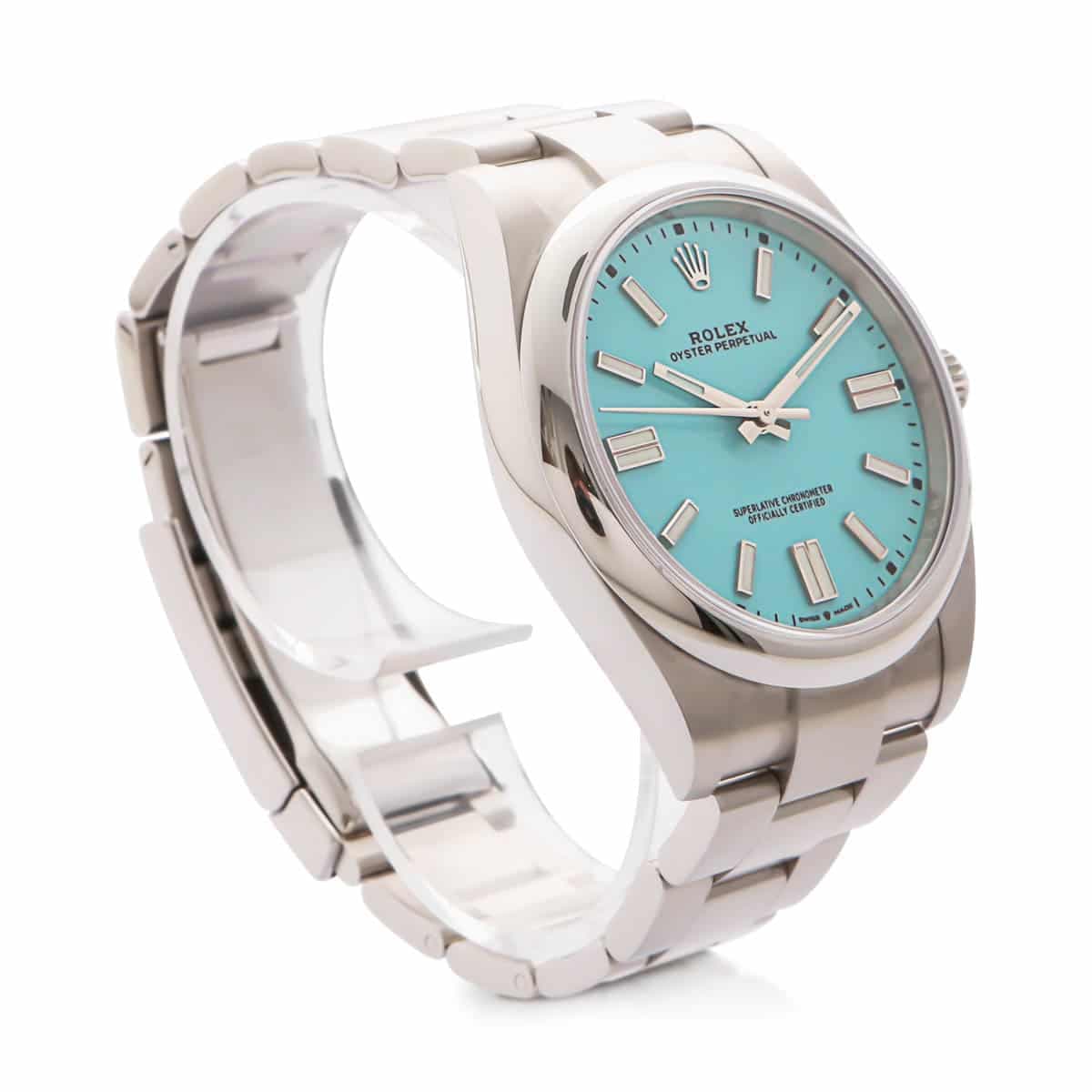 Side view of an unworn Rolex Oyster Perpetual Tiffany Blue with 41 mm Dial