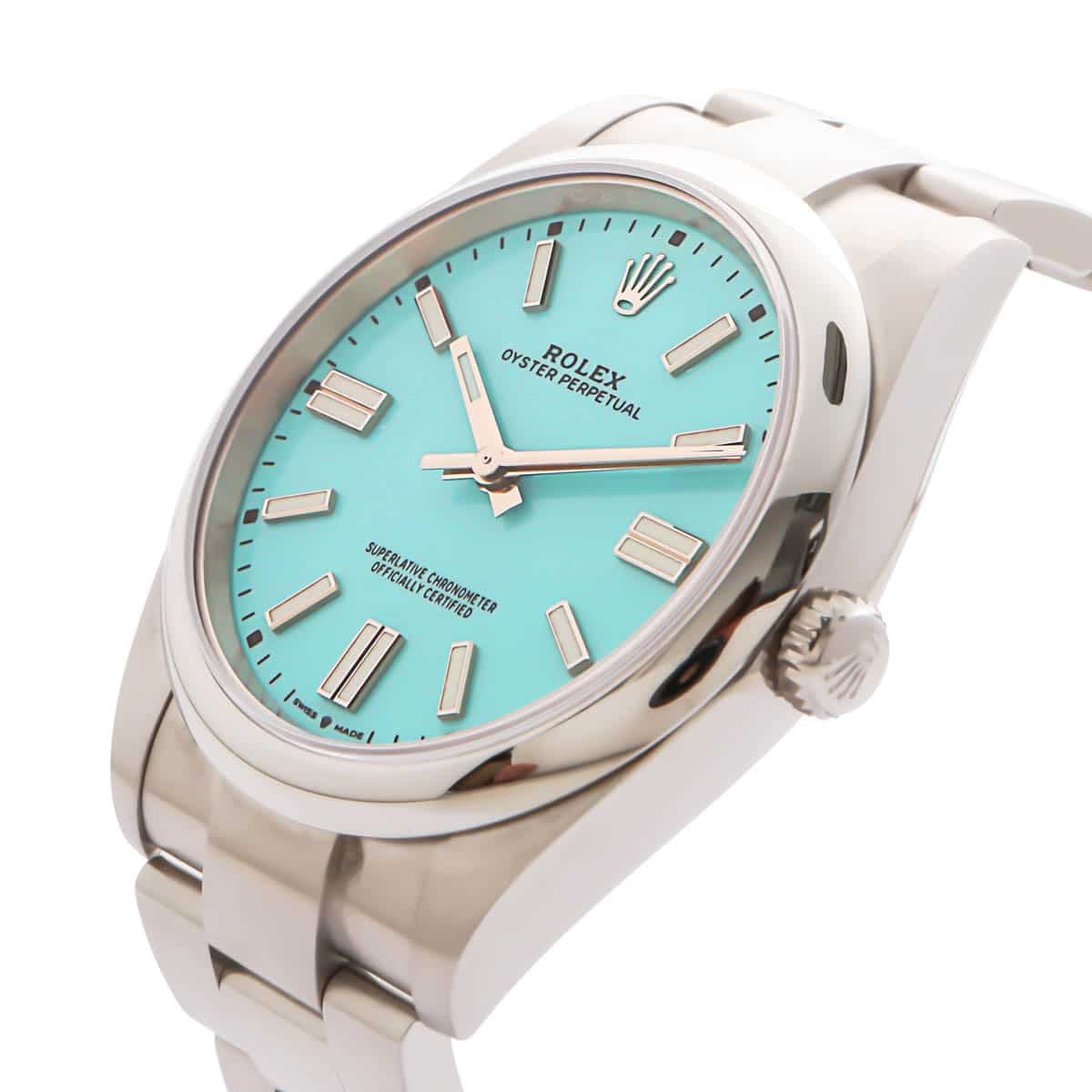Side view of the Rolex OP in Tiffany Blue -124300