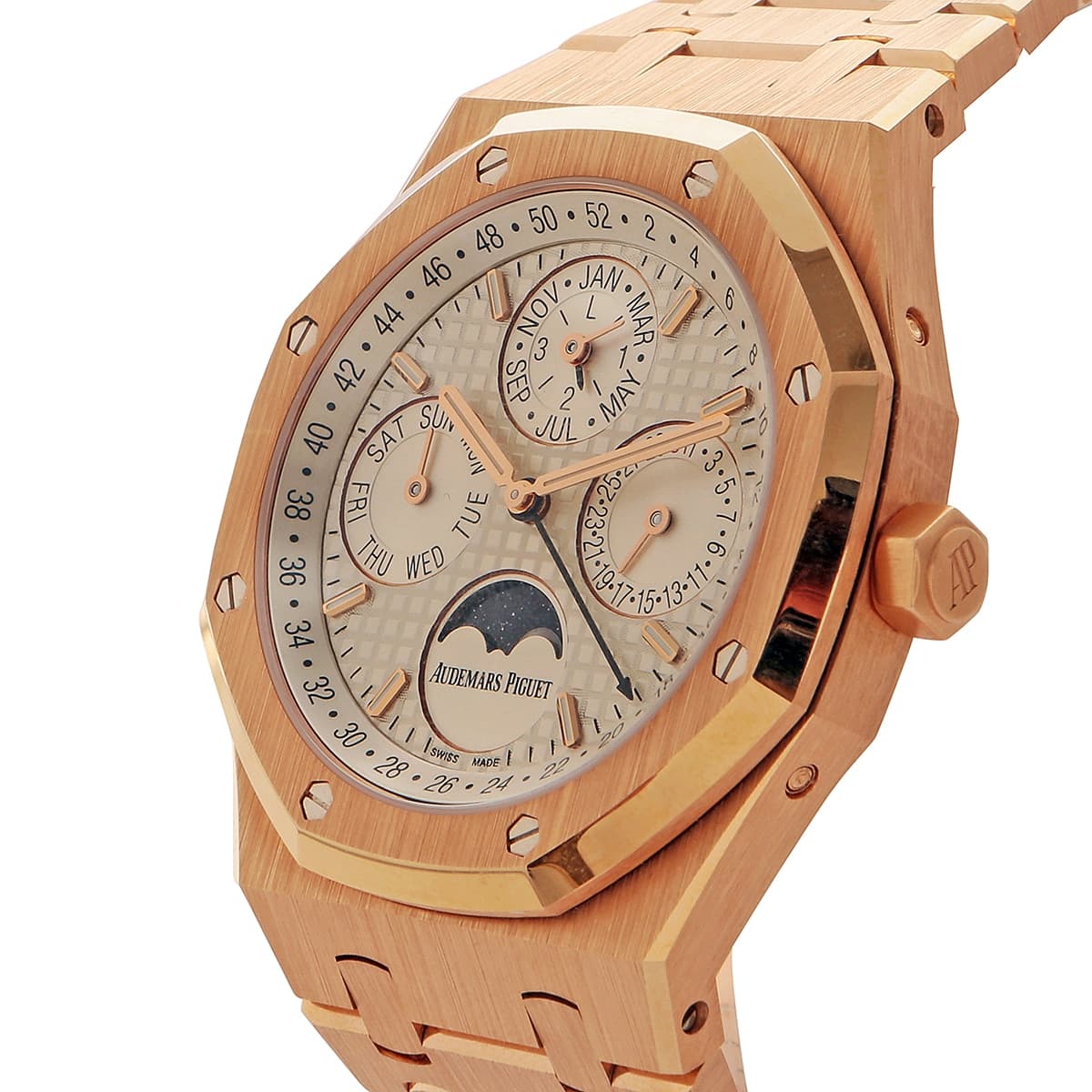 Audemars piguet royal oak perpetual calendar 26574OR rose gold 41 mm white dial front of watch