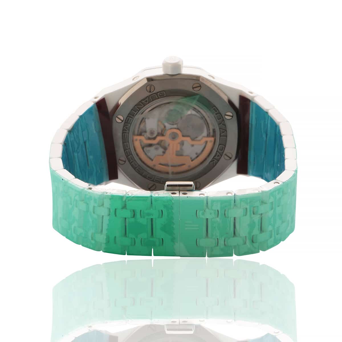 Audemar piguet perpetual calendar white ceramic 26579CB 41 mm back of watch