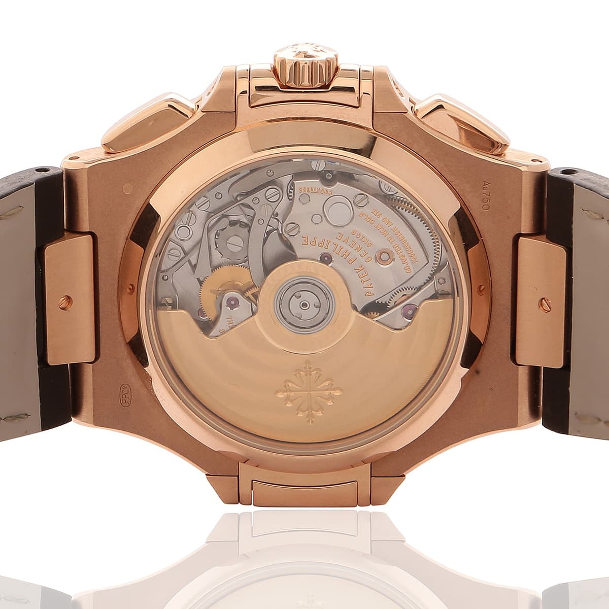 Patek Philipe 5980R Nautilus rose gold. brown leather clasp. close up of back of watch