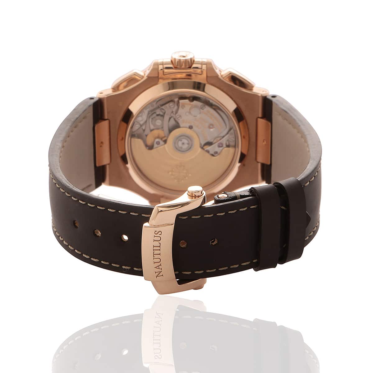 Patek Philipe 5980R Nautilus rose gold. brown leather clasp.Back of watch