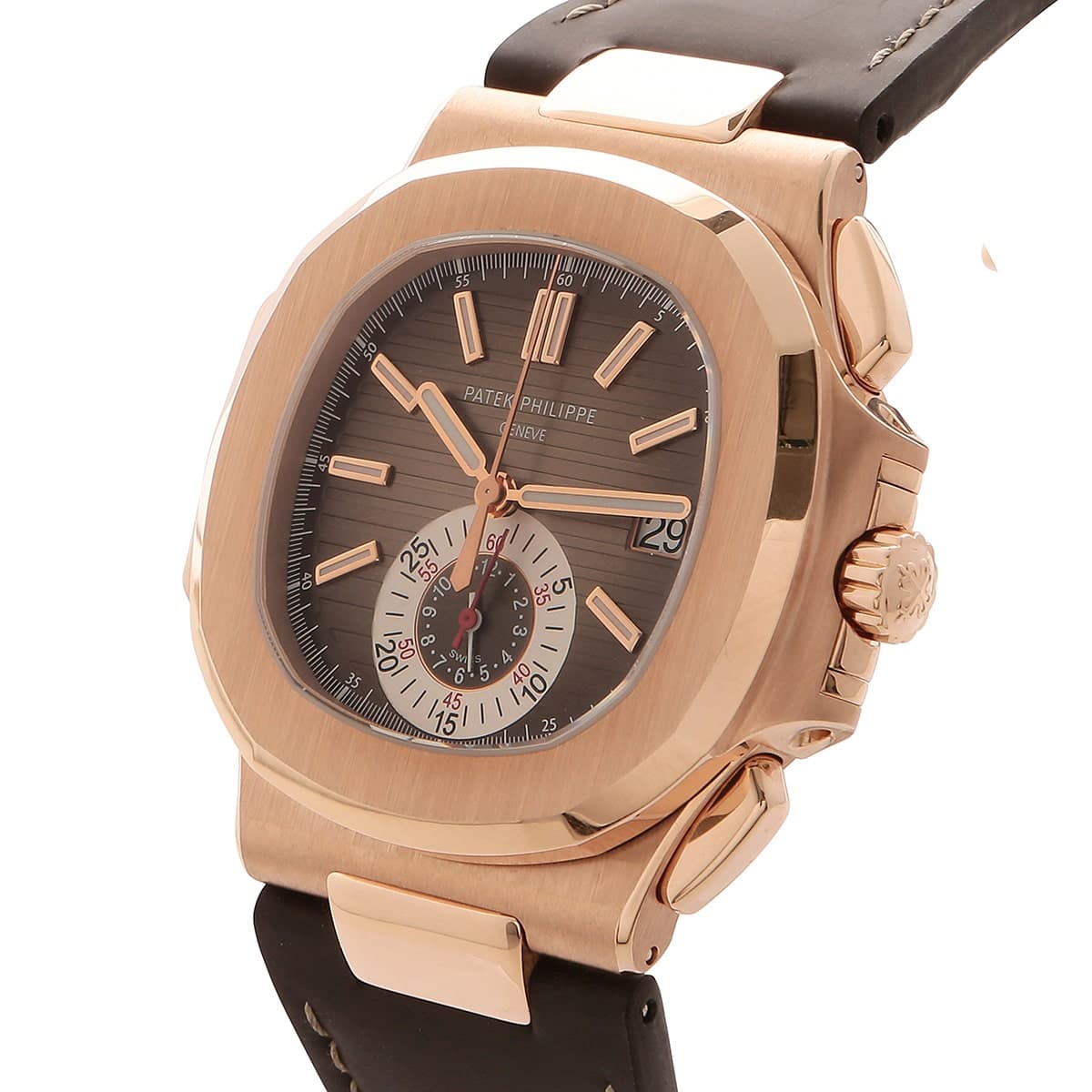 Patek Philipe 5980R flyback chronograph Nautilus rose gold. brown leather clasp. Side of watch.