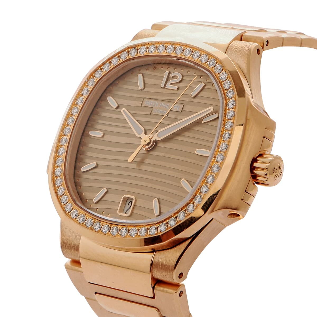 Patek Philippe Nautilus 7118/1200R rose gold, brown dial, diamond bezel. Side of watch