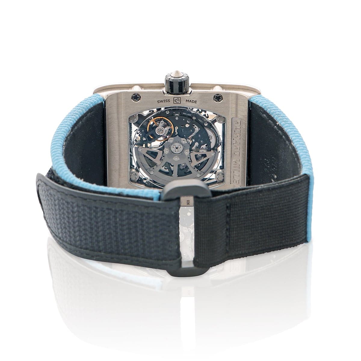 Richard Mille RM016 white gold skeleton dial blue velcro 38mm back of watch