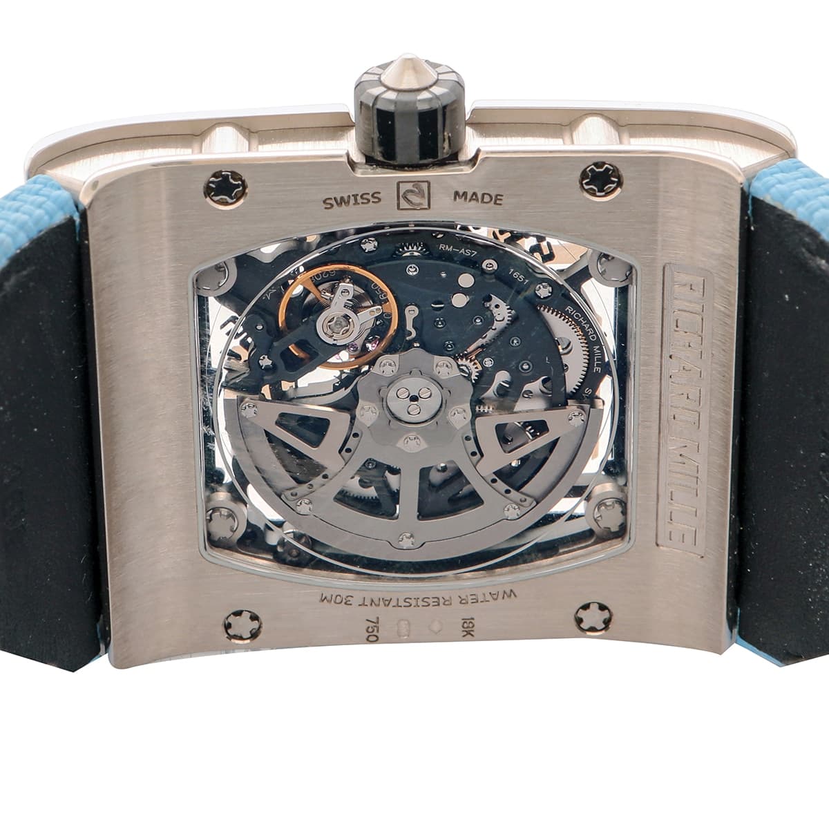 Richard Mille RM016 white gold skeleton dial blue velcro 38mm back of watch close up