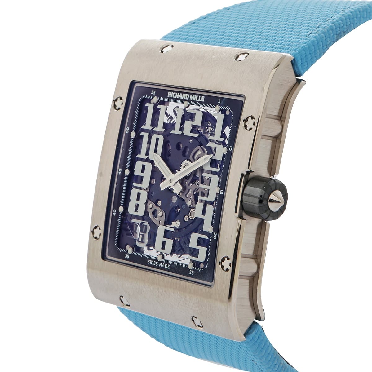 Richard Mille RM016 white gold skeleton dial blue velcro 38mm side of watch