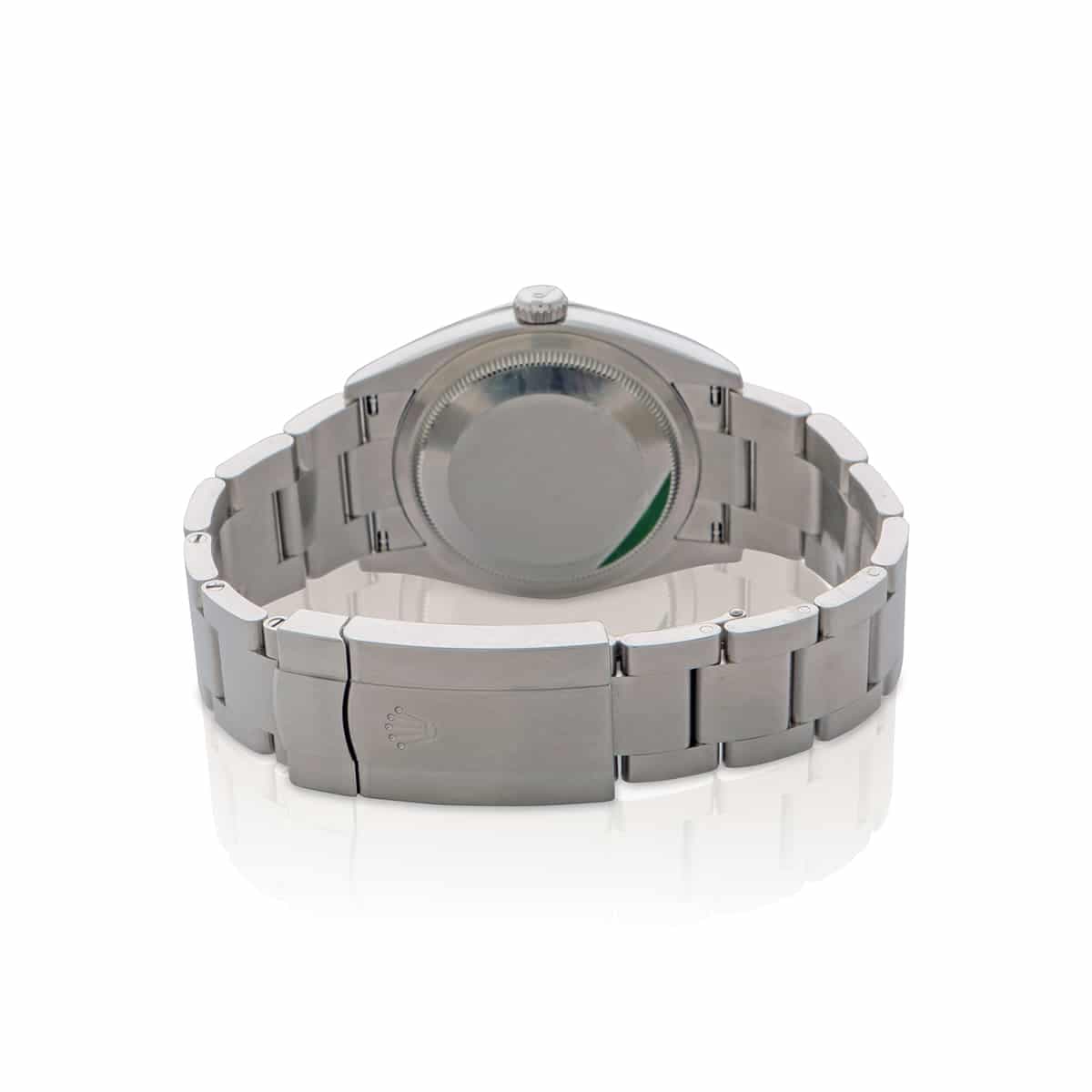 Back view of the unworn 36mm Rolex Oyster Perpetual 126000 with delicate pink colour dial and oystersteel bracelet.