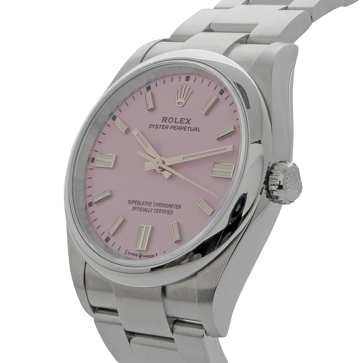 Side view of the unworn 36mm Rolex Oyster Perpetual 126000 with delicate pink colour dial and oystersteel bracelet.