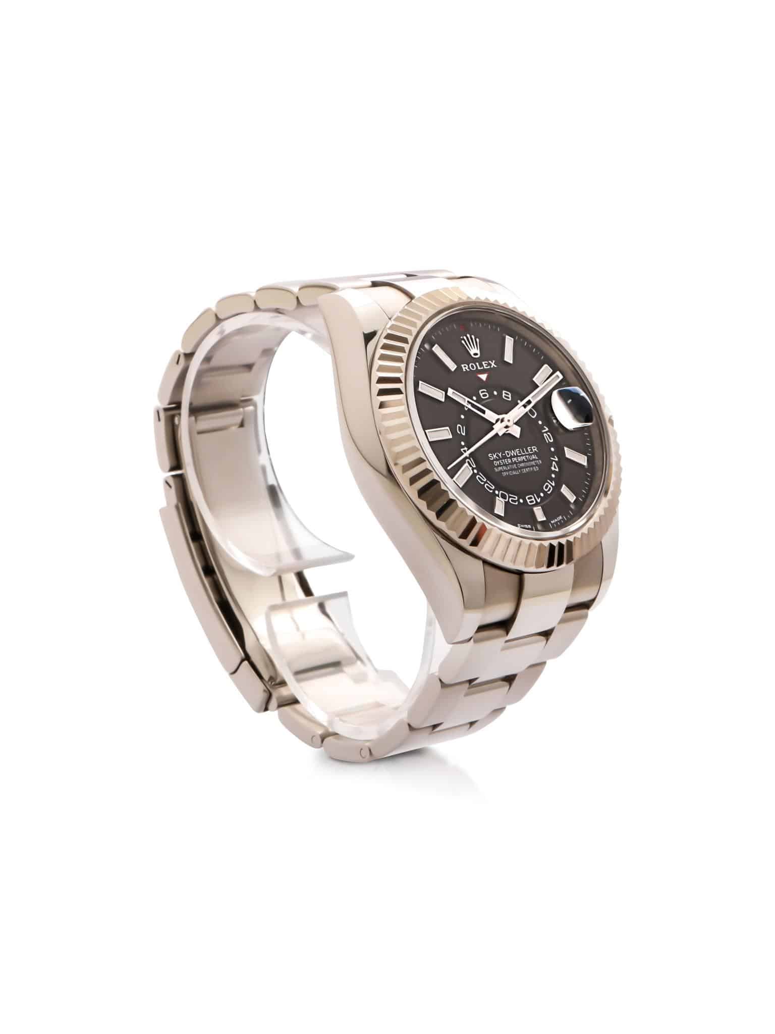 Rolex sky dweller steel bracelet. Black dial. 42 mm side angle.