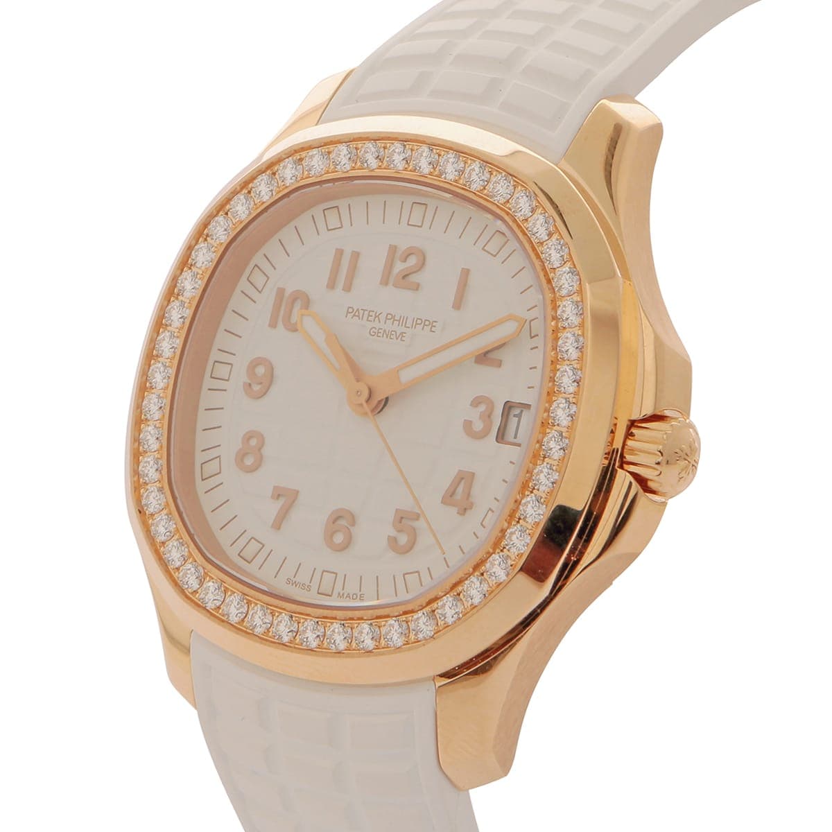 Patek philippe aquanaut rose gold white dial white rubber diamond bezel side of watch