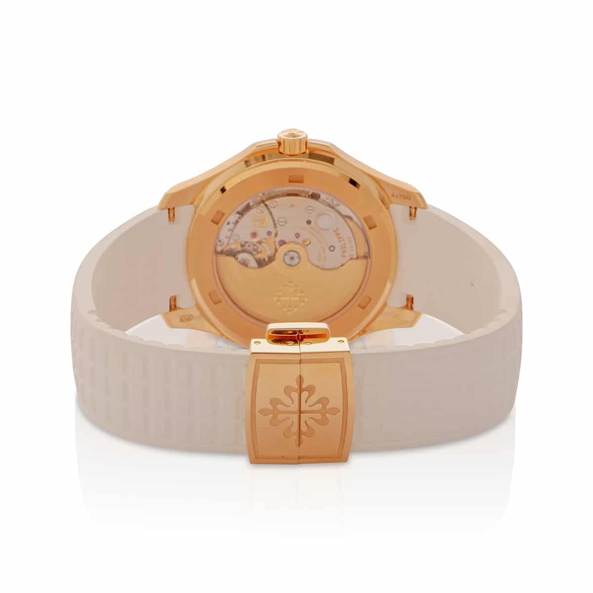 Patek philippe aquanaut rose gold white dial white rubber diamond bezel back of watch