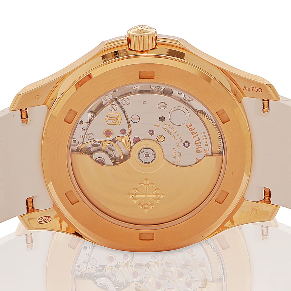 Patek philippe aquanaut rose gold white dial white rubber diamond bezel back of watch