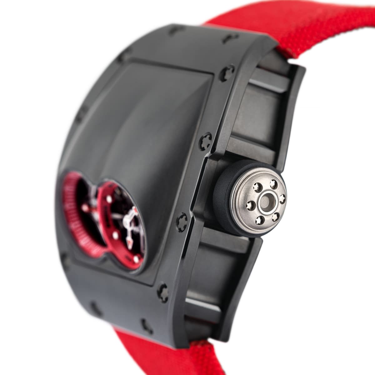 Side view of RM053 armored case in titanium carbide with two raised arcs leading to two viewing windows with red velcro strap.