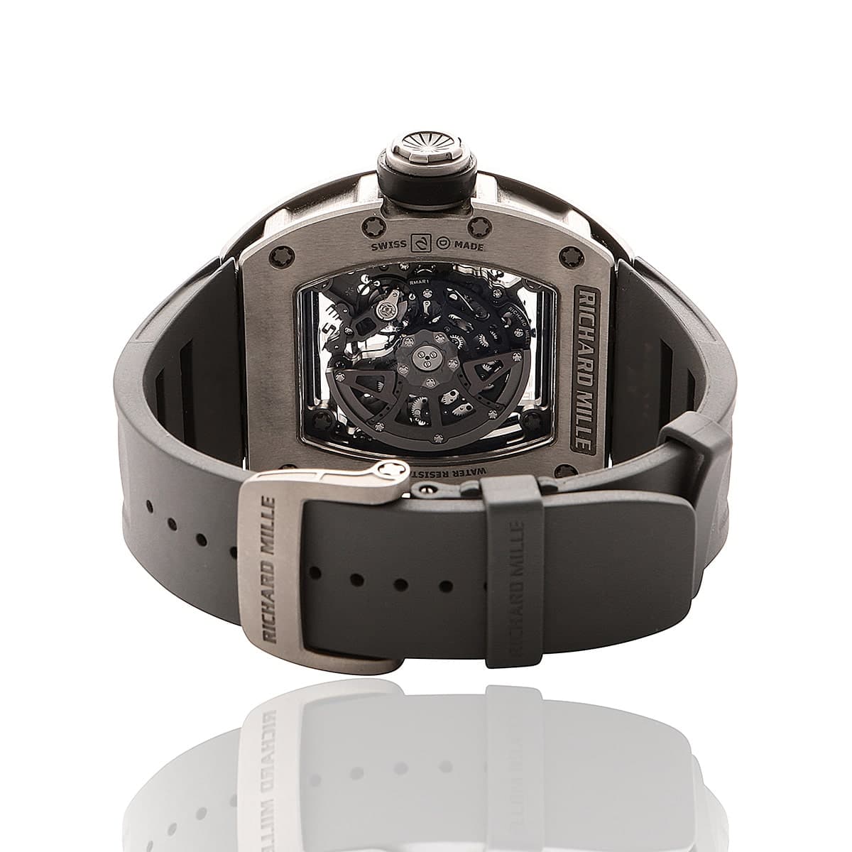 Richard Mille rm030 titanium watch with black rubber strap showing the back of dial.