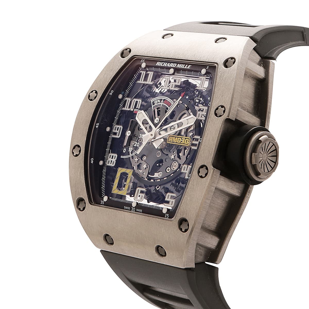Close up of Richard Mille RM030 skeleton dial watch showing crown details.