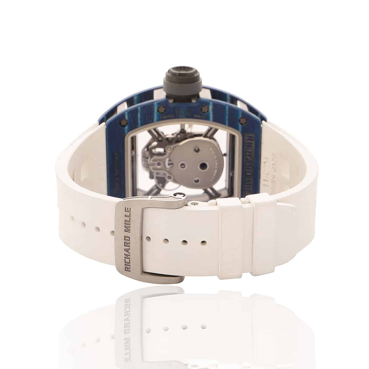 Richard Mille blue carbon TPT Skull watch with white rubber band. Back of watch.