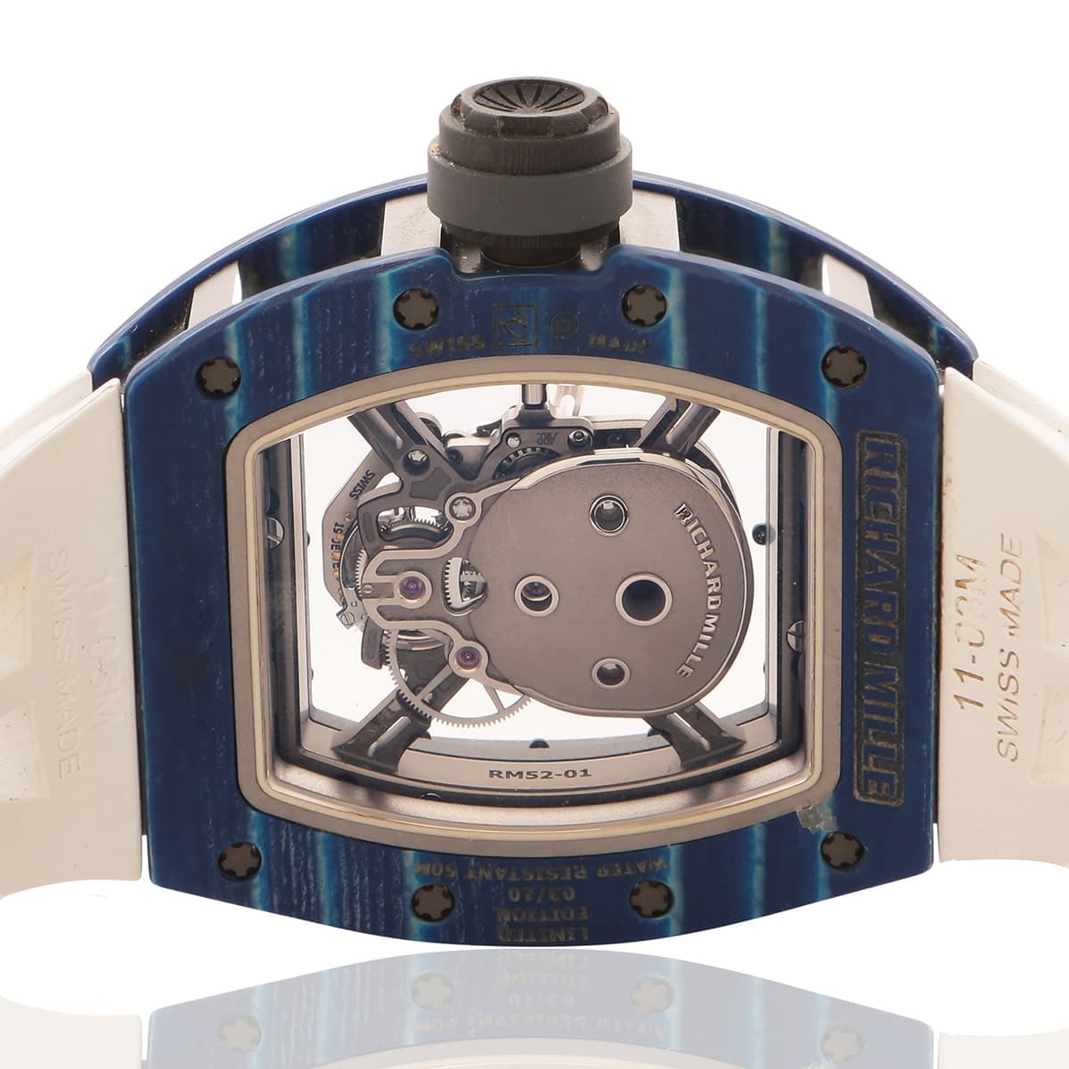Richard Mille RM52 01 blue carbon TPT Skull watch with white rubber band. Back of watch.