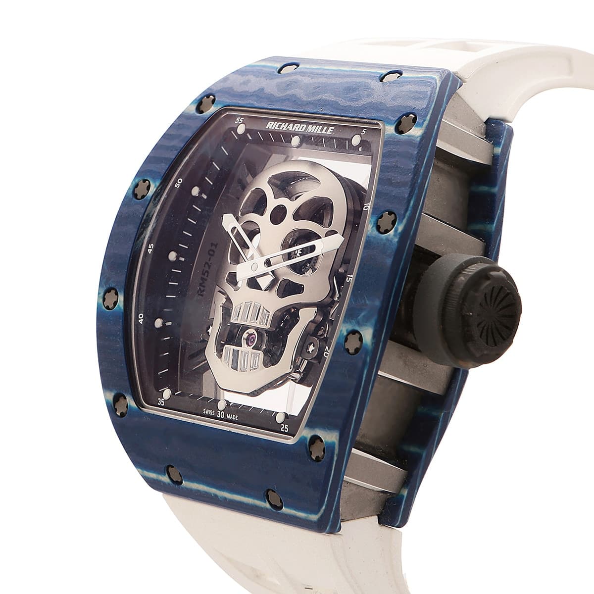Richard Mille blue carbon TPT Skull watch with white rubber band. Side view.