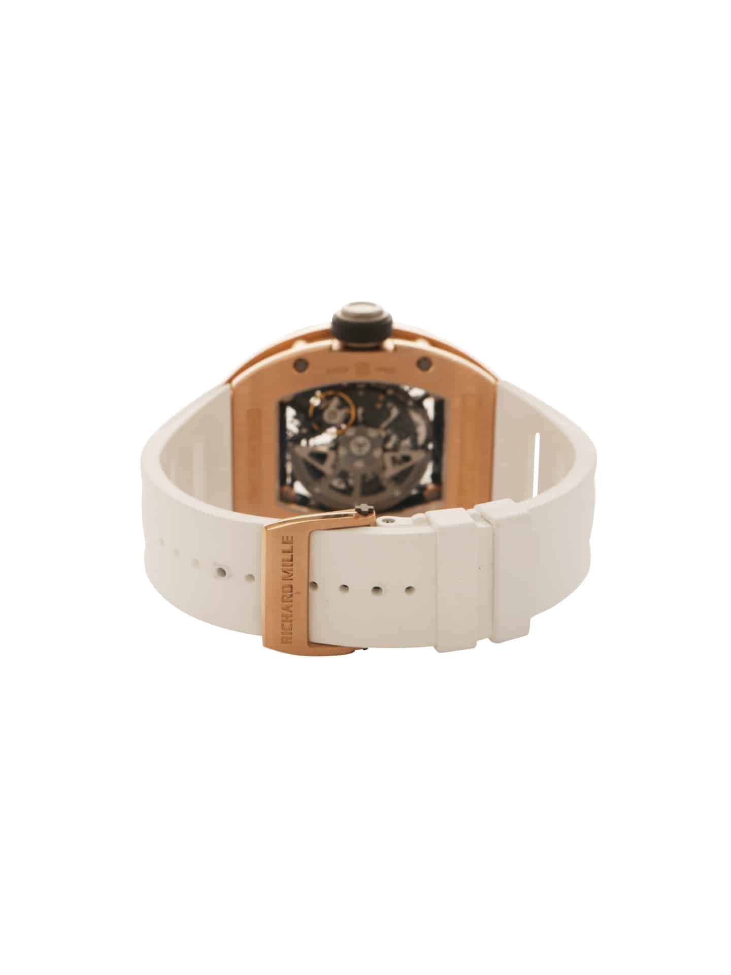 Richard mille RM010 rose gold white rubber strap. rose gold clasp. back of watch. automatic skeleton dial