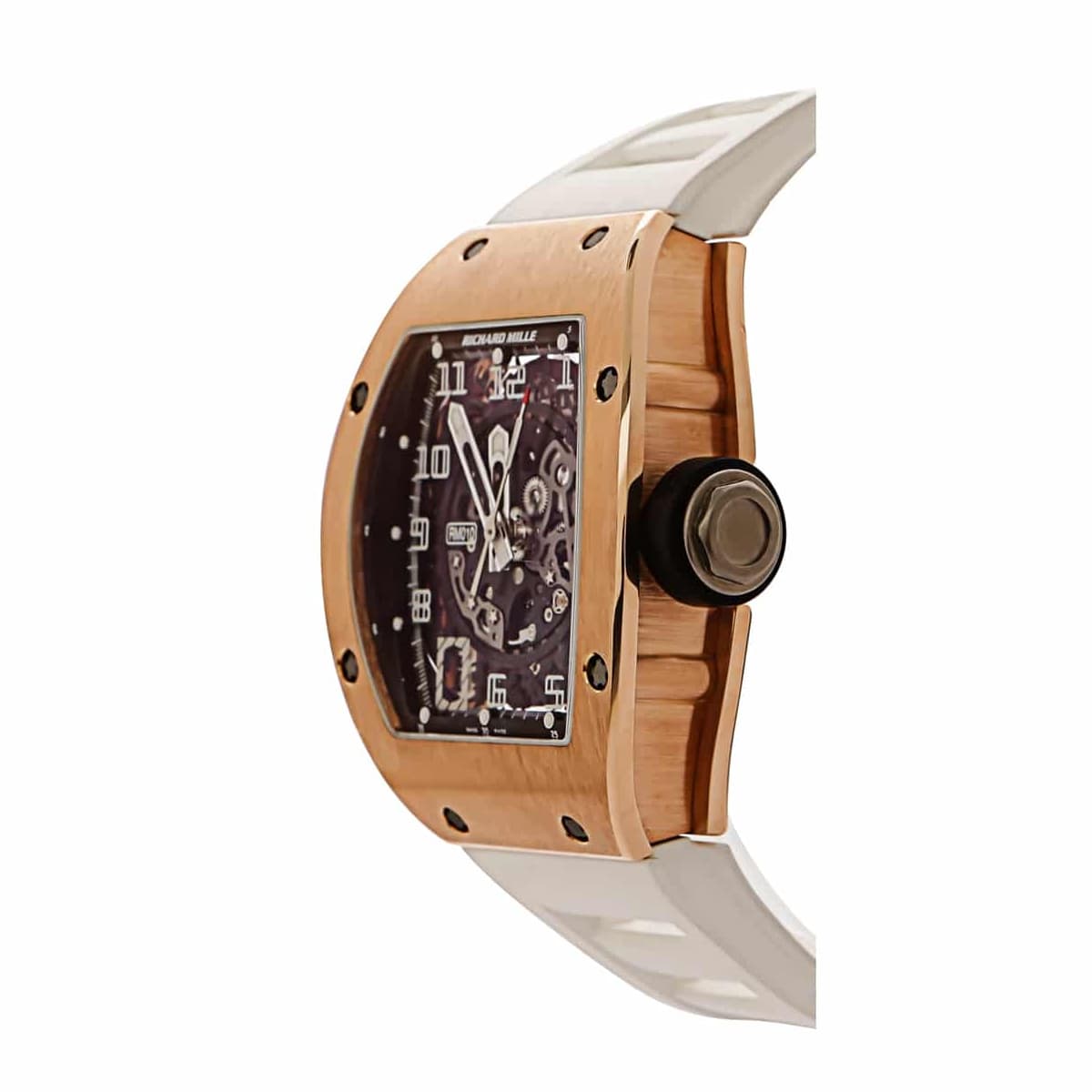 Richard Mille RM010 rose gold skeleton dial white rubber strap. clasp