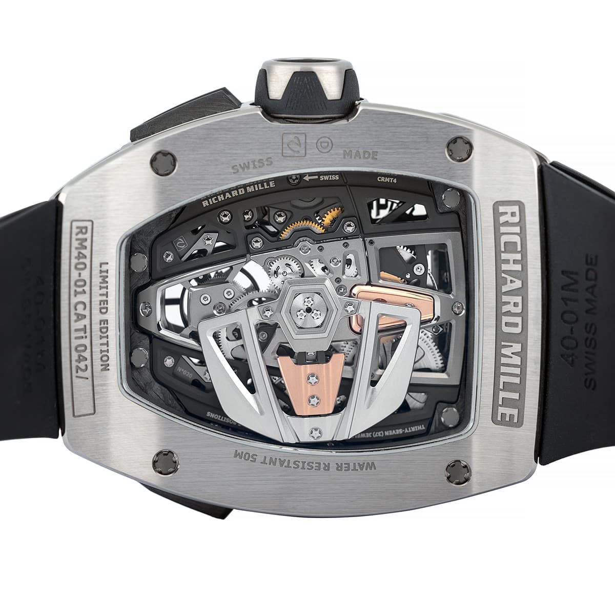 Close up Richard Mille Mclaren speedtail titanium skeletonised back case.