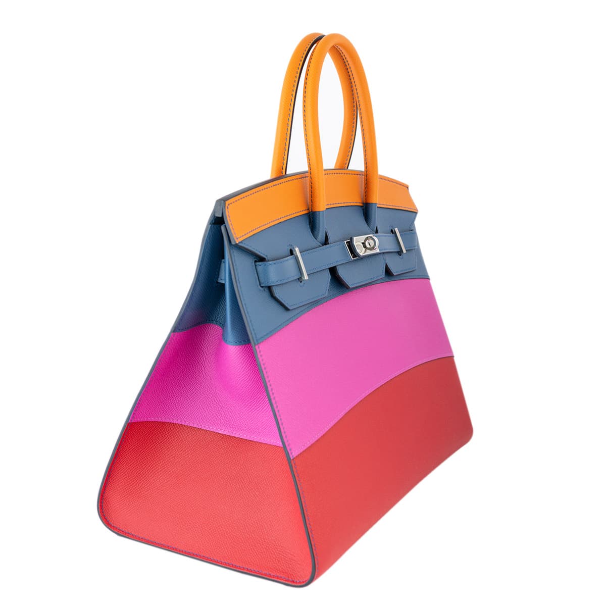 Side view of the multi coloured Birkin 35 which shows the three colours orange, blue, fuchsia, red with silver hardware.