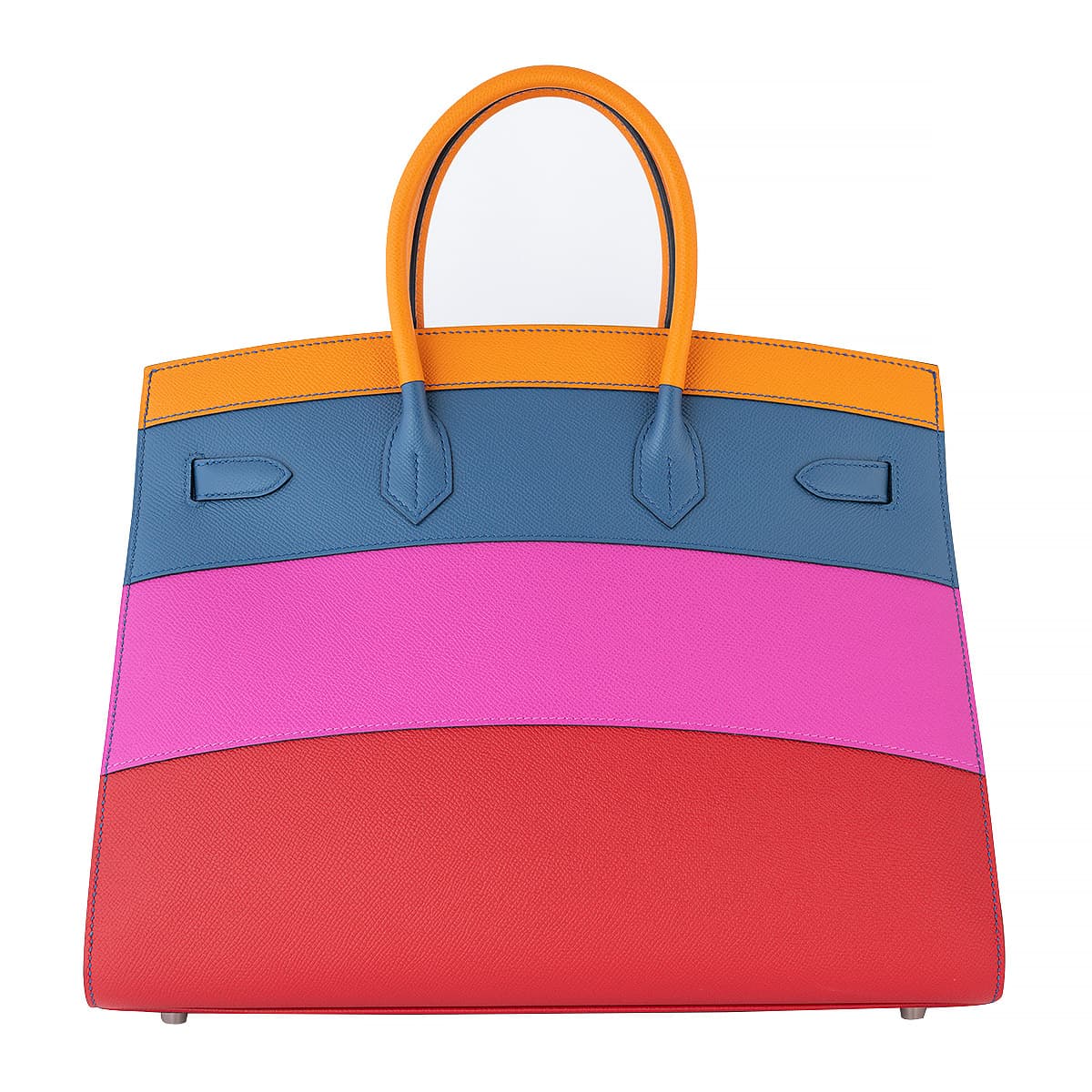 Back view of the multi coloured Birkin 35 which shows the three colours orange, blue, fucshia and red.