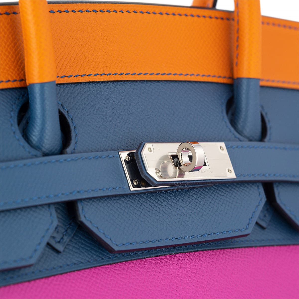 Close up view of the Birkin 35 showcasing the silver touret and plaque.