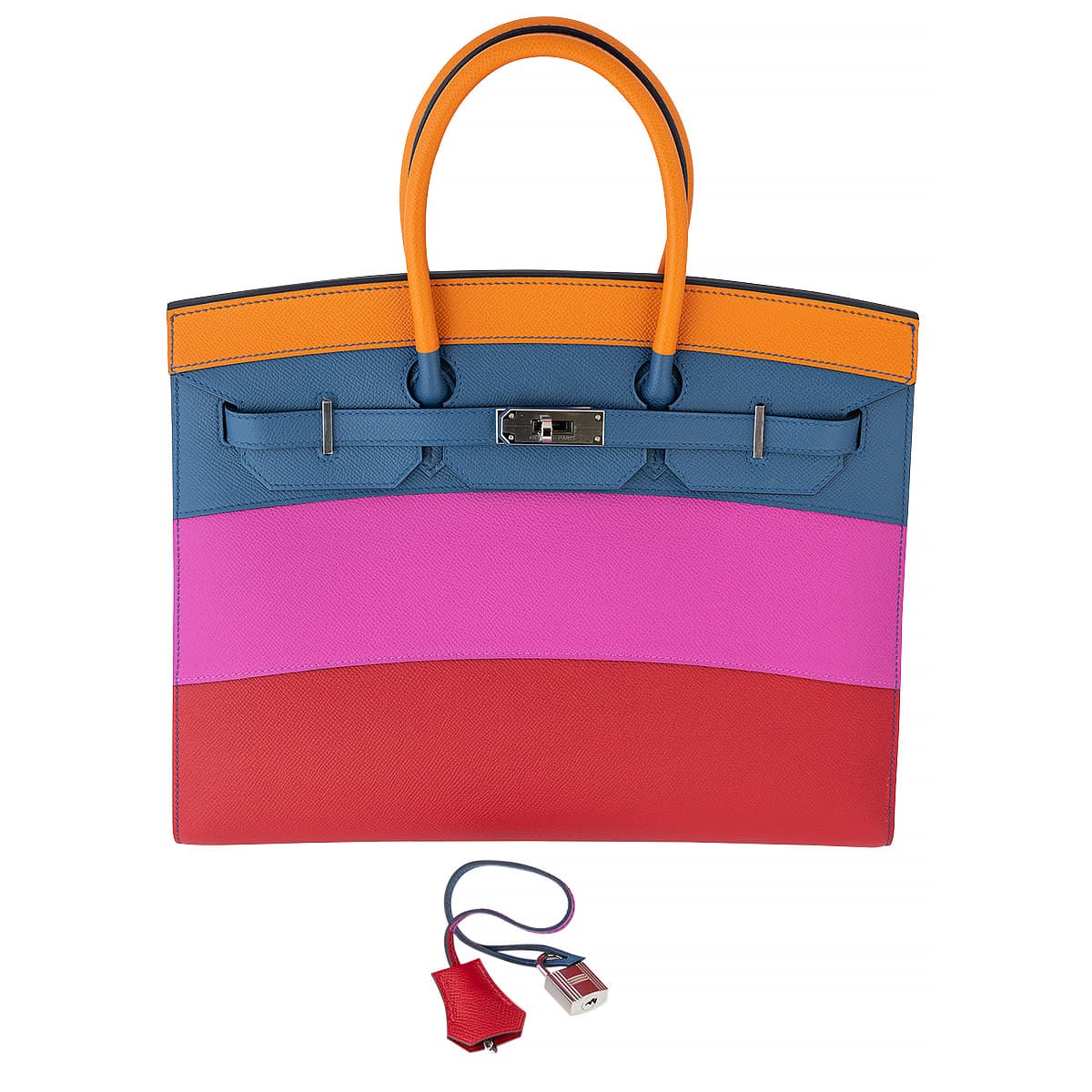 Hermes Birkin 35 in horizontal strips of red, fuchsia, blue & orange. Front view of the Hermes bag with silver lock.