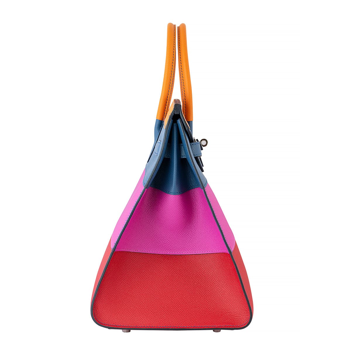 Hermes Birkin 35 in horizontal strips of red, fuchsia, blue & orange. Side view of the Hermes bag.